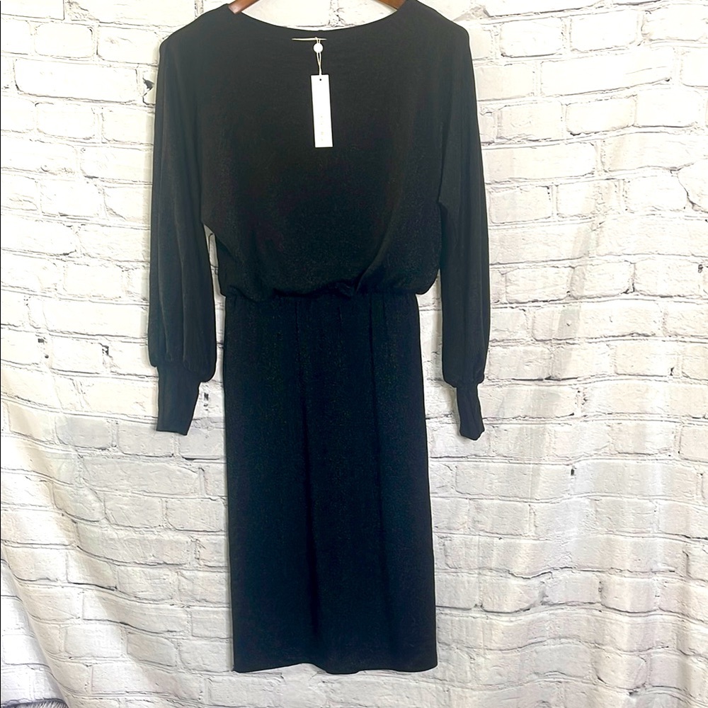 Trina Turk Europa Black Metallic Sheath Dress with Bishop Sleeves Size X-Small